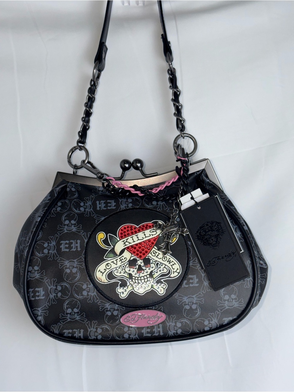 Ed Hardy Black Shoulder Bag with Pink Accent and Skull Heart Patch